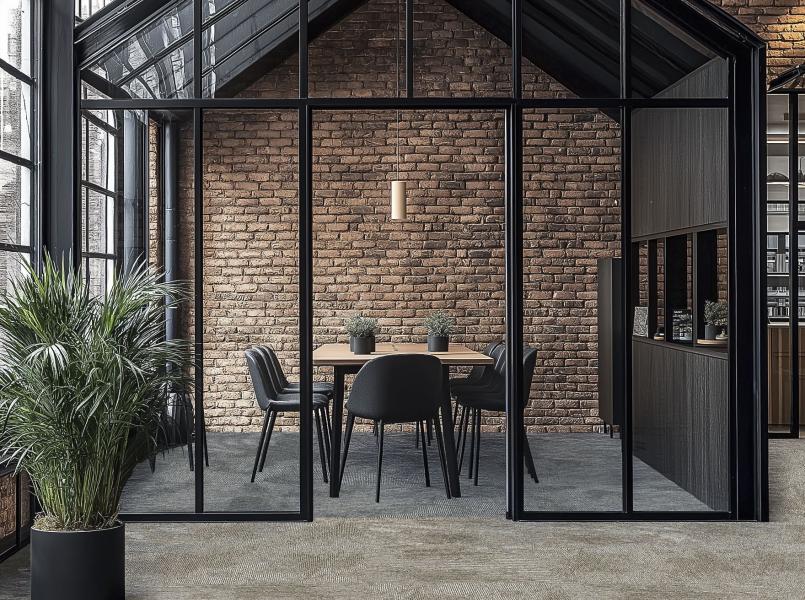 Wnętrze biura w stylu industrialnym i podłogą z płytek dywanowych Armonia 620