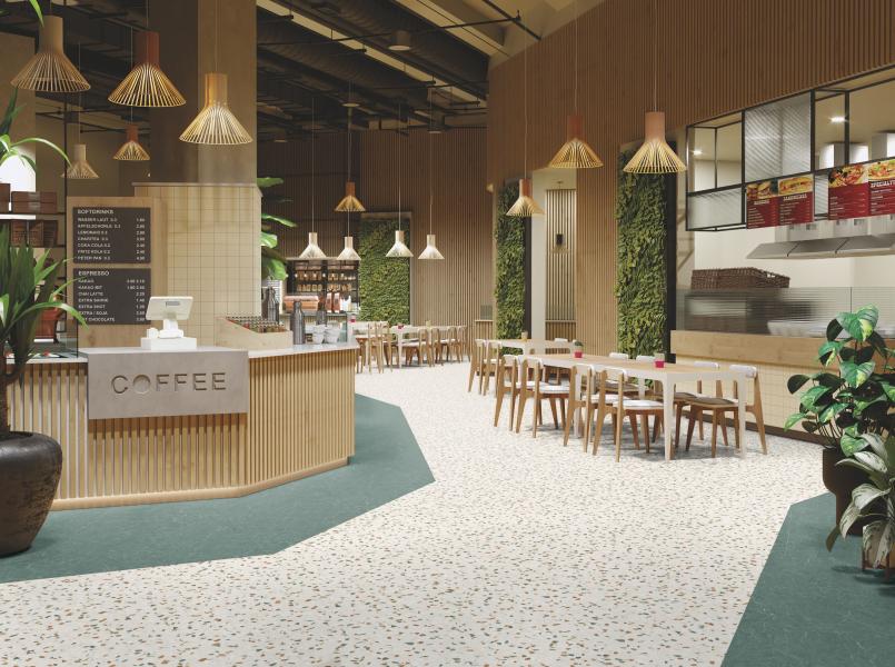 strefa kantyny zaaranżowana dwoma kolorami płytek winylowych Creation 70 LL