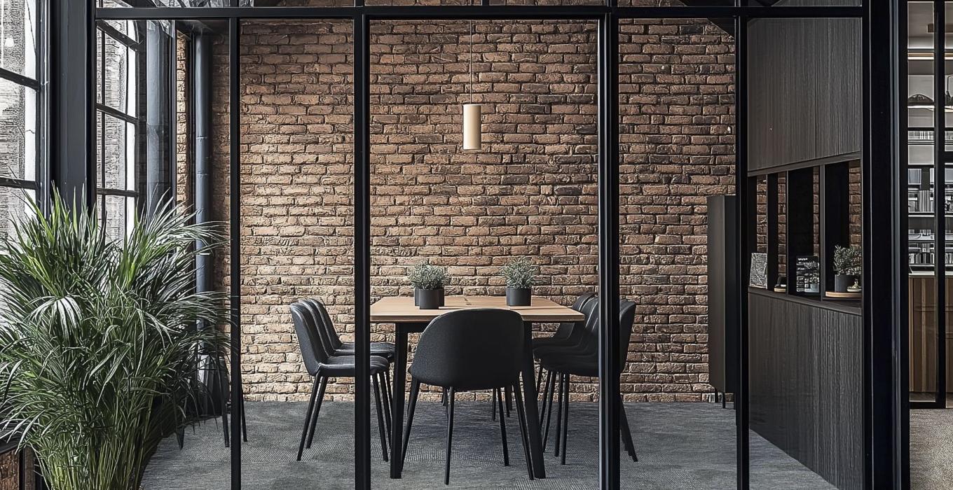 Wnętrze biura w stylu industrialnym i podłogą z płytek dywanowych Armonia 620